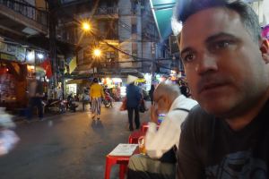 Working on enjoying ourselves in Hanoi.
